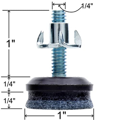 Medium Duty Felt Furniture Levelers - 1/4" Threaded Shank w/T-Nuts - Brown Plastic w/Grey High Density Felt - 400 Lb. Total Capacity - Adjusts from 0" to 3/4" - Set of 4