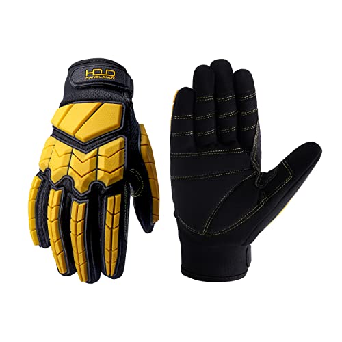 HANDLANDY HLDD Heavy Duty Work Gloves, TPR Protector Impact Gloves, Men Anti Vibration Mechanic Work Glove TouchScreen - color: Yellow-sbr Padded Palm, size: Medium