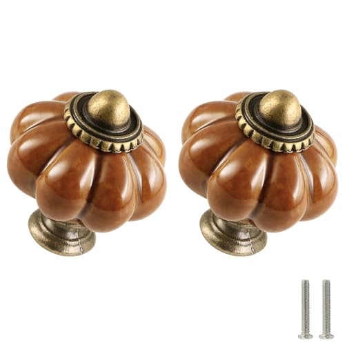 Earthy Yellow Pumpkin Knobs 2 Pack Ceramic Cabinet Knobs Vintage Drawer Pulls - Antique Dresser Pulls with Screws for Closet Drawer Cupboard Cabinet and DIY Home Project - color: Earthy Yellow