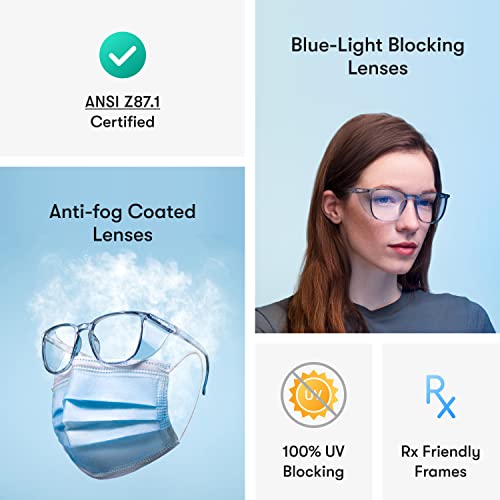 Stoggles Rectangle Z87.1 Certified Safety Glasses, Blue-Light, UV Blocking Lens, Top & Side Shield, Anti-Fog, Stylish Eyewear - color: Charcoal, size: Medium Low Bridge Fit