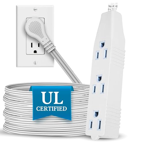 Flat Multiple Outlet Extension Cord 15 Ft for Indoor Use by Electes- UL-Listed 3-Prong Multi Extension Wire- Space-Saving Flat Angled Extension Cord- White.. - size: 15 Feet