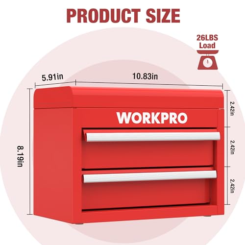 WORKPRO Mini Metal Tool Box with 2 Drawers and Top Storage, Small Tool Chest with PVC Liners and PP Feet Pads, Cold Rolled Steel Toolbox with Magnetic Tab - color: Red