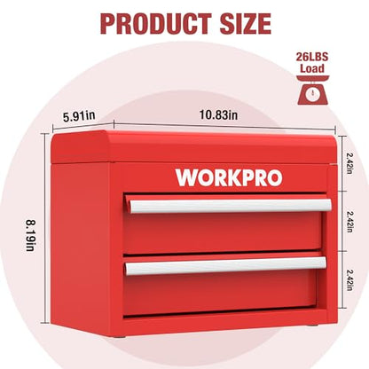 WORKPRO Mini Metal Tool Box with 2 Drawers and Top Storage, Small Tool Chest with PVC Liners and PP Feet Pads, Cold Rolled Steel Toolbox with Magnetic Tab - color: Red