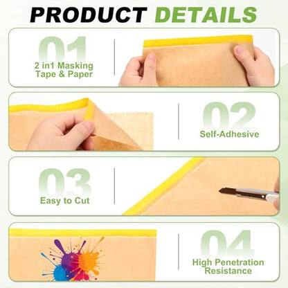 HARFINGTON Pre-Taped Masking Paper, 12" x 49 ft Paint Adhesive Protective Paper Painter Tape and Drape for Masking Auto Body Covering Wall Skirting Frames, Yellow - color: Yellow, size: 12 IN x 49 FT