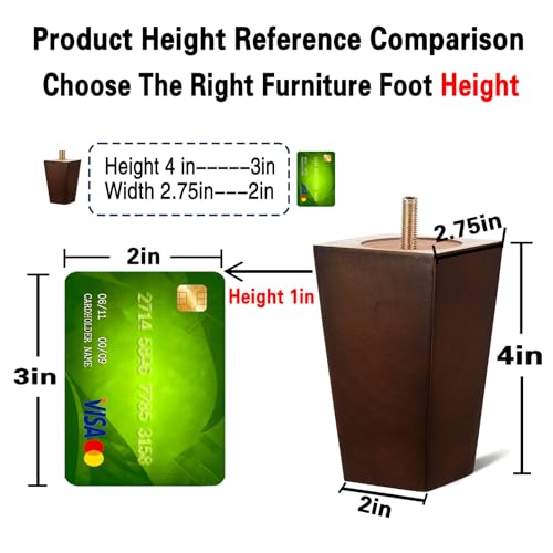 SHANJUE 4 Inch Wood Furniture Legs Set of 4, Square Brown Couch Legs with 5/16" & M8 Bolts for Wide Compatibility, Heavy Duty 1500 Lbs Mid Century Replacement Feet for Sofa, Dresser, Bed & Chair - size: 4 inches