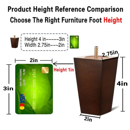 SHANJUE 4 Inch Wood Furniture Legs Set of 4, Square Brown Couch Legs with 5/16" & M8 Bolts for Wide Compatibility, Heavy Duty 1500 Lbs Mid Century Replacement Feet for Sofa, Dresser, Bed & Chair - size: 4 inches