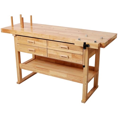 Montary 60-Inch Rubber Hardwood Workbench with 4 Drawers & Shelf, 330LBS Heavy Duty Portable Work Bench with Adjustable Handle, Woodworking Table for Garage, Workshop & Home Storage - size: 4 Drawers-60"A