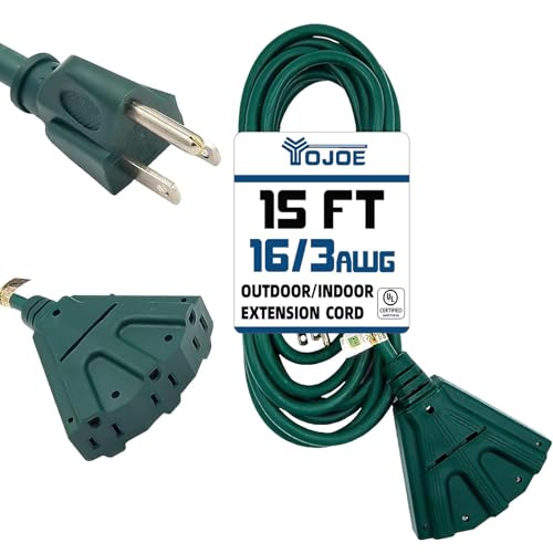 YOJOE 3-Outlets Indoor Outdoor Extension Cord, 3 Prong 13A Weatherproof Power Cord Multiple Outlets, 16 Gauge Heavy Duty 15 ft Green Extension Cord for Garage, Garden, 16/3 SJTW UL Listed - color: Green, size: 15 Foot, style: Standard