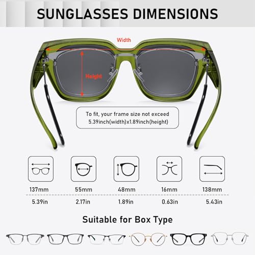 HAOLOTA Polarized Fit Over Glasses Sunglasses for Women Men Trendy Square Wrap Around Shades UV Protection - color: L Size 02 Green/Grey