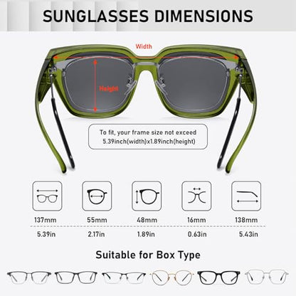 HAOLOTA Polarized Fit Over Glasses Sunglasses for Women Men Trendy Square Wrap Around Shades UV Protection - color: L Size 02 Green/Grey