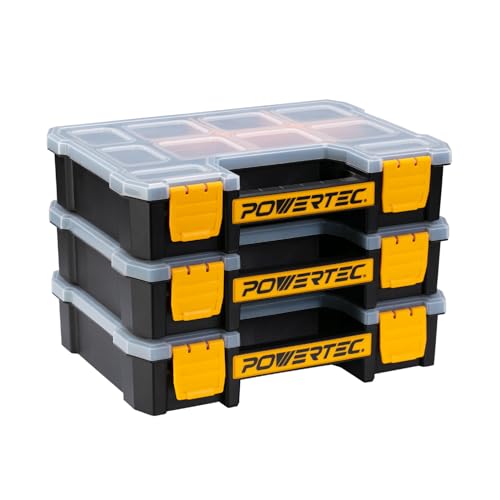 POWERTEC Small Parts Organizer & Tool Box – 10 Compartments, Stackable Storage with Removable Dividers, Clear Lid, Portable Design, 3-Pack (72117-P3) - color: Stackable Tool Box Medium, size: 3 Packs - Medium 10 Compartments