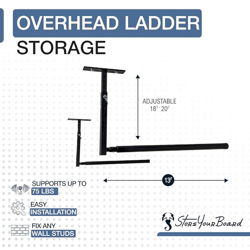 StoreYourBoard Adjustable Overhead Ladder Rack – Garage Organizer Ladder Shelf for Step & Extension Ladders - Storage Racks and Shelving for Garage Organization - Ceiling Mounted - Holds 75 lbs - size: Single