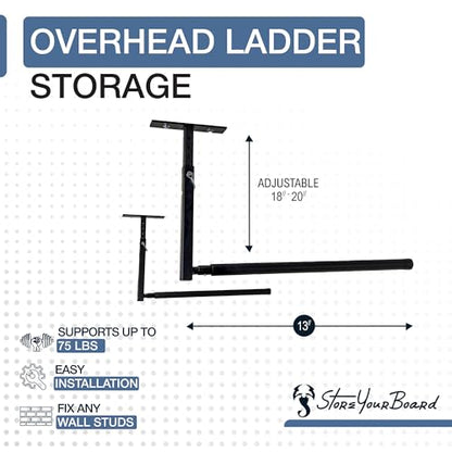 StoreYourBoard Adjustable Overhead Ladder Rack – Garage Organizer Ladder Shelf for Step & Extension Ladders - Storage Racks and Shelving for Garage Organization - Ceiling Mounted - Holds 75 lbs - size: Single