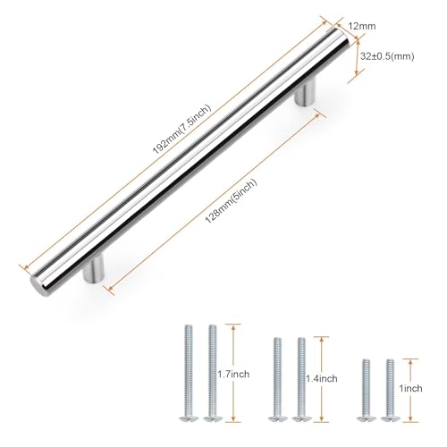 Probrico 5 Pack Hole Centers (128mm) 5inch Polished Chrome Kitchen Cabinet Handles Stainless Steel Polished Chrome Cabinet Pulls Round T Bar Pull Handle for Cabinets and Drawers Total Length 7.5inch - color: Polished Chrome, size: Hole Centers: 5"