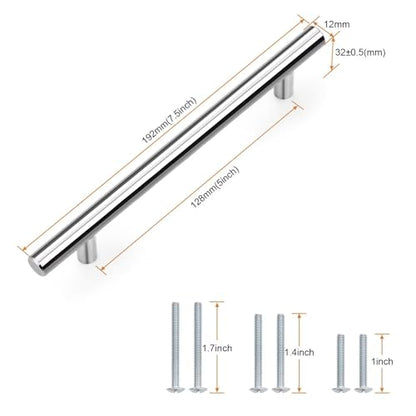 Probrico 5 Pack Hole Centers (128mm) 5inch Polished Chrome Kitchen Cabinet Handles Stainless Steel Polished Chrome Cabinet Pulls Round T Bar Pull Handle for Cabinets and Drawers Total Length 7.5inch - color: Polished Chrome, size: Hole Centers: 5"