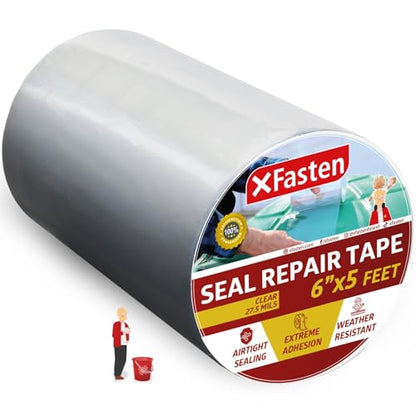 XFasten Waterproof Patch Seal Repair and Leak Shield Tape, Clear, 6-Inch x 5-Foot, Weatherproof Water Barrier Tape for Chimney, Roof, Boat, and HVAC Hose Repair - color: Clear