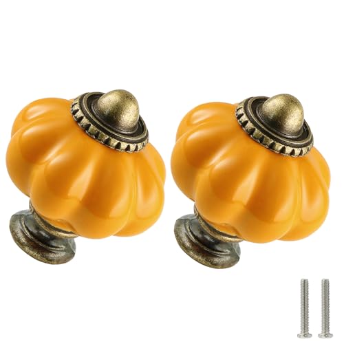 Burnt Yellow Pumpkin Knobs 2 Pack Ceramic Cabinet Knobs Vintage Drawer Pulls - Antique Dresser Pulls with Screws for Closet Drawer Cupboard Cabinet and DIY Home Project - color: Burnt Yellow