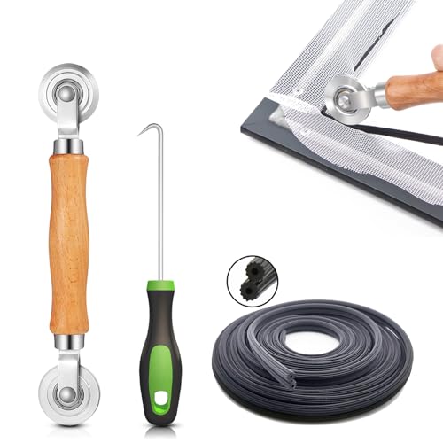 King&Charles Screen Repair Kit/Tool, Screen Roller Tool, Steel Roller with Bear, 32 ft Spline, Removal Hook, 3 in 1 Window Repair Kit, for Installing Door Window Mesh. - size: 3 in 1