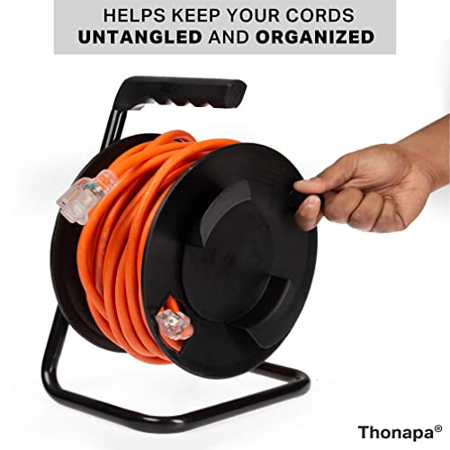 Thonapa Extension Cord Storage Reel, Black - Portable Cable Reel with Metal Stand, Holds Up to 100 Ft of Electrical Cord, Hose, Rope