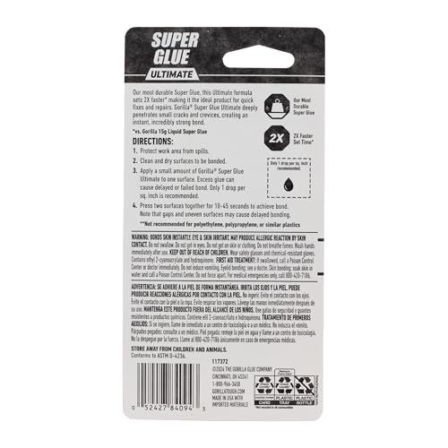Gorilla Ultimate Super Glue, Clear Glue, 15 Grams (Pack of 2) - Fast-Setting Cyanoacrylate for Quick Fixes & Repairs with Anti-Clog Cap - size: 2 - Pack