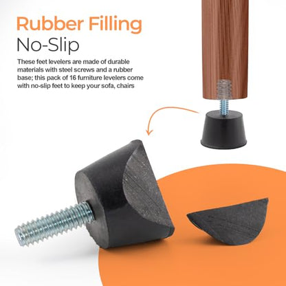 Adjustable 1/4" Rubber Threaded Furniture Levelers - 16 Pack | Screw-in Table Chair Feet Glides for Chairs, Tables, Cabinets, Patio Furniture - size: 1/4-20 Thread, 16 Pack