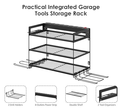 CCCEI Garage Tools Storage with Charging Station. Power Tool Battery Organizer Utility Shelf with Power Strip. 4 Drills Holder Wall Mount Rack, Black 3 Layer. - size: Small, style: 3 Layer