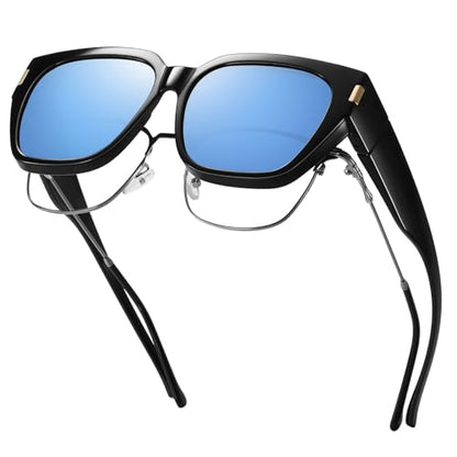 HAOLOTA Polarized Fit Over Glasses Sunglasses for Women Men Trendy Square Wrap Around Shades UV Protection - color: L Size 18 Black/Blue