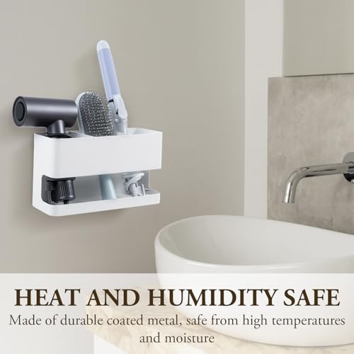 MyGift Hair Tool Organizer, 3-in-1 Metal Hair Dryer Holder, Wall Mounted Blow Dryer Holder, White Bathroom Organizer for Curling Irons, Hair Straighteners, Hair Brush Holder and Hot Tools - color: White