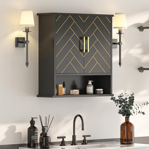 Black Chevron Pattern Bathroom Wall Cabinet, Modern Hanging Medicine Cabinet with Gold Hardware, Space-Saving Over Toilet Storage Organizer (23 5/8" x 22 7/8" x 7 1/8") - style: Chevron Pattern-Black