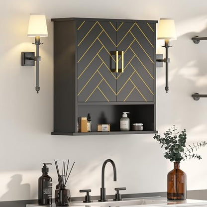 Black Chevron Pattern Bathroom Wall Cabinet, Modern Hanging Medicine Cabinet with Gold Hardware, Space-Saving Over Toilet Storage Organizer (23 5/8" x 22 7/8" x 7 1/8") - style: Chevron Pattern-Black