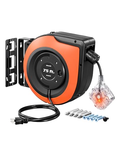 DEWENWILS 75 FT Retractable Extension Cord Reel with 6 Grounded Outlets, 14/3C SJTOW Heavy Duty Power Cord with New Twist-Lock Stopper, 10A Circuit Breaker, ETL Listed - color: Orange