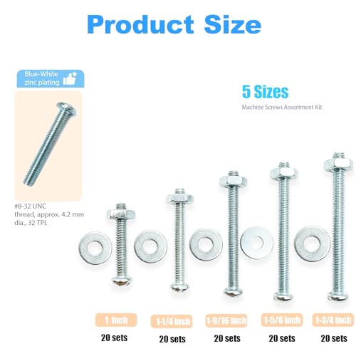 300 Pcs Machine Screws 8/32 Knob/Pull Screws Bolt Nut Flat Washers Assortment Kit Carbon Steel Zinc-Plated Phillips Used for Industrial&Construction Fasteners 5 Sizes Length #8-32x1 to#8-32x1-3/4" - size: 300 Pcs Machine Screw Kit