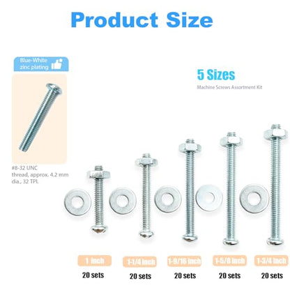 300 Pcs Machine Screws 8/32 Knob/Pull Screws Bolt Nut Flat Washers Assortment Kit Carbon Steel Zinc-Plated Phillips Used for Industrial&Construction Fasteners 5 Sizes Length #8-32x1 to#8-32x1-3/4" - size: 300 Pcs Machine Screw Kit