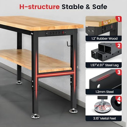 ENJOYWOOD 48" x 20" Heavy Duty Workbench Adjustable Height Garage Work Table with Solid Rubberwood Top, Double Layer Shelf, Pegboard & Power Outlets for Workshop, Home & Office - size: Small