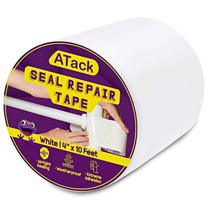 ATack Waterproof Patch and Seal Tape, White, 4 Inches x 10 Feet, Water Barrier Tape for Stop Leak Repair on Pipes, Chimney, Roof, Boat, and HVAC - color: White