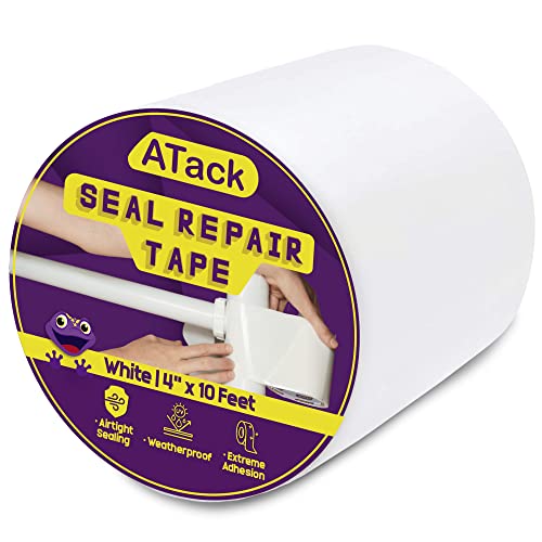 ATack Waterproof Patch and Seal Tape, White, 4 Inches x 10 Feet, Water Barrier Tape for Stop Leak Repair on Pipes, Chimney, Roof, Boat, and HVAC - color: White