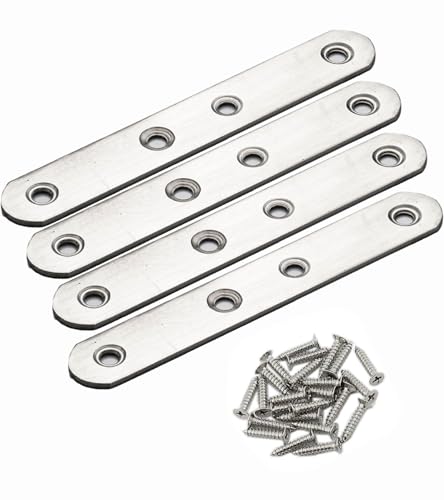 4 Pack Flat Mending Plate for Wood, Stainless Steel Straight Brackets Flat Repair Fixing Wood Brace Joining Plates Connector with Fixing Screws (4, One line shape5in) - size: One Line Shape 5 in