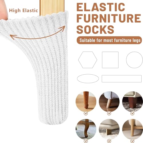 16 PCS White Furniture Leg Socks - Knitted Chair Leg Floor Protectors for Hardwood Floors - Fits Round and Square Legs - High Elastic Bar Stool Chair Leg Covers Furniture Caps Set for All Shapes - size: 16 Pcs White