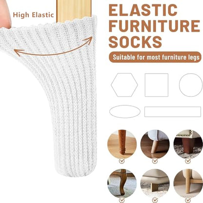 16 PCS White Furniture Leg Socks - Knitted Chair Leg Floor Protectors for Hardwood Floors - Fits Round and Square Legs - High Elastic Bar Stool Chair Leg Covers Furniture Caps Set for All Shapes - size: 16 Pcs White