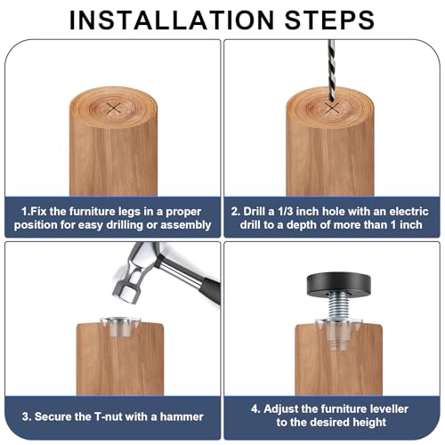 1/4" Thread Furniture Feet Levelers, 12 PCS Adjustable Feet Levelers, Adjustable Furniture Levelers with T-Nuts for Table, Chair, Furniture Legs