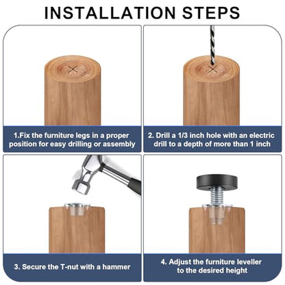 1/4" Thread Furniture Feet Levelers, 12 PCS Adjustable Feet Levelers, Adjustable Furniture Levelers with T-Nuts for Table, Chair, Furniture Legs