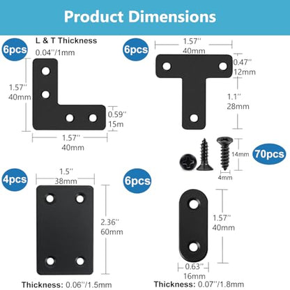 QSJ 22 Pack Straight Brace Stainless Steel Black Flat Brace Straight Corner Braces Straight Brackets Metal Flat Straight Mending Plates with Screws - size: 22Pcs Bracket Set (Flat T/L/Square/Strip)