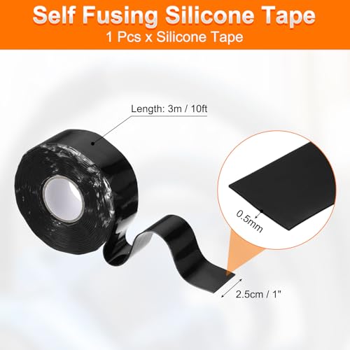 uxcell Self Fusing Silicone Tape, 1" x 10ft Waterproof Water Leak Sealing Tape for Plumbing Pipe Hose Repair Handles, Black (0.5mm Thick) - color: Black