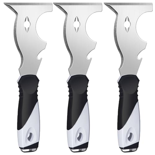 Mister Rui Paint Scraper, 3 Pack Multi Use Paint Tools Putty Knife 10 in 1, Paint Scraper Tools for Painting, Metal Scraper with Hammer End, Taping Knife, Spackle Tool