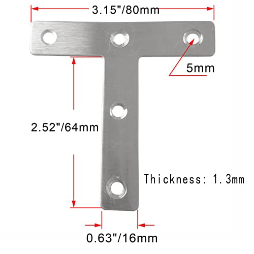 10pcs 80x80mm/3.15"x3.15" Flat T Shape Corner Braces Mending Bracket Plate 304 Stainless Steel for Furniture Repair with 50 Screws