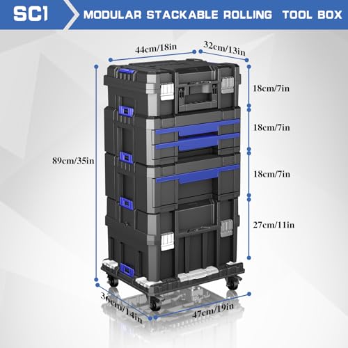 4 Tier Stackable Rolling Tool Box with Wheels | Modular Tool Organizer Box Storage System | Portable Tool Box with Drawers | Tough and Durable | for Garage Storage | Home Repairs | Professional Work - style: 4 Tier Stackable Tool Box