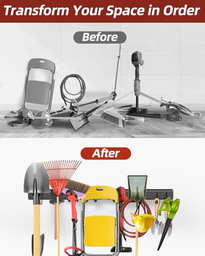 48-Inch Garage Storage Tool Organizer with 8 Hooks - Heavy Duty Metal Rack for Garage Organization, Garden Tool Organizer - Wall Mounted Tool Hanger for Shovels, Ladders, Lawn Tools - size: 48" 3 Panels & 8 Hooks