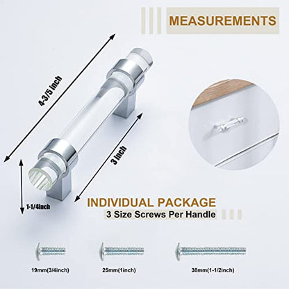 10 Pack Glass Cabinet Pulls, Drawer Pulls and Knobs Crystal Dresser Handles(3 Inch Hole Center), Polished Chrome - color: Polished Chrome, size: Hole Center : 3 Inch (76mm), style: 10 Pack