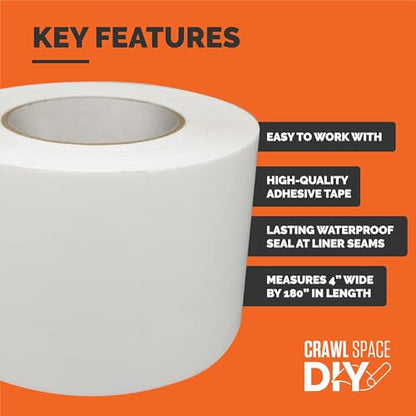 CrawlSpace-DIY Crawl Space Vapor Barrier Tape 4" x 180' – Heavy Duty Vapor Barrier Seam Tape for Encapsulation, Basement Moisture Barrier, White