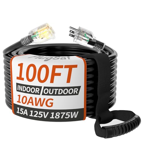 100ft 10 Gauge Outdoor Extension Cord Waterproof with Lighted Indicator,10 AWG SJTW Heavy Duty 15Amp 1875W,3 Prong Cords Flexible Copper Black ETL Listed - size: 100FT